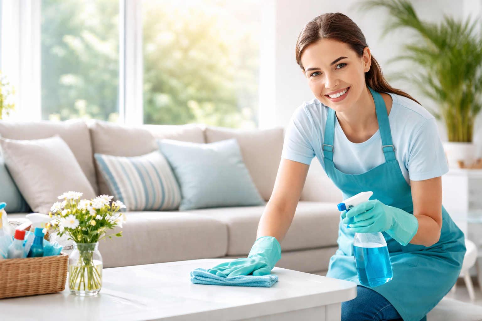 Professional cleaner in a bright living room